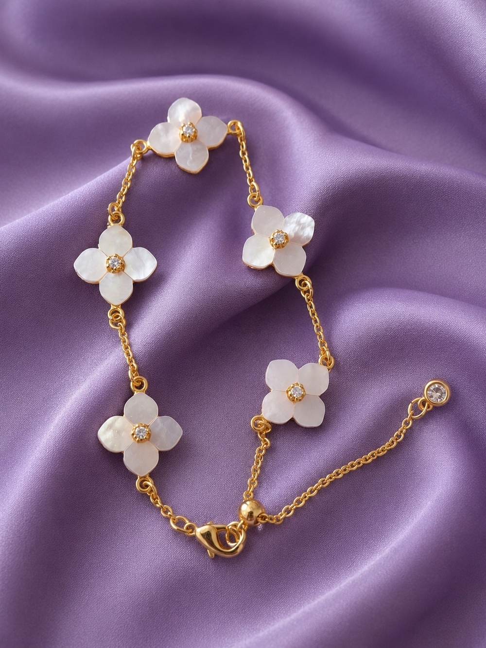 Gold Bracelet with White Floral Charms - Women Jewelry - Picture 5 of 5